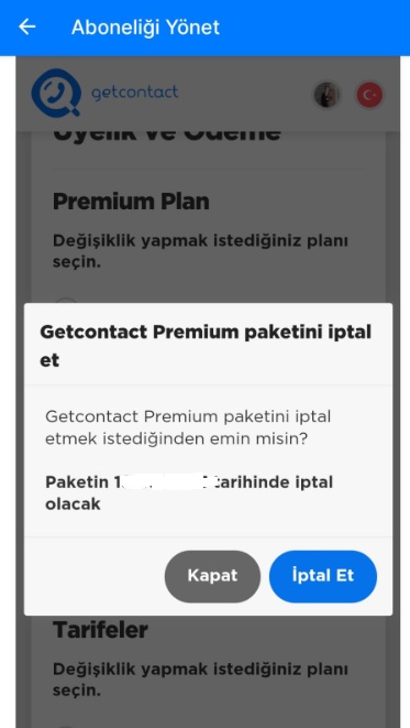 GetContact Premium iptal etme 2025